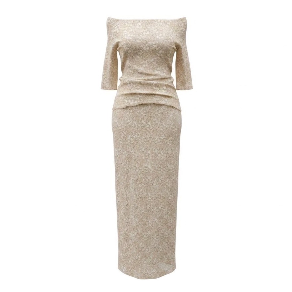Vtg 90s Caché 2pc Lace Set Cream Off Shoulder Maxi Skirt Bridal Renaissance‎ S